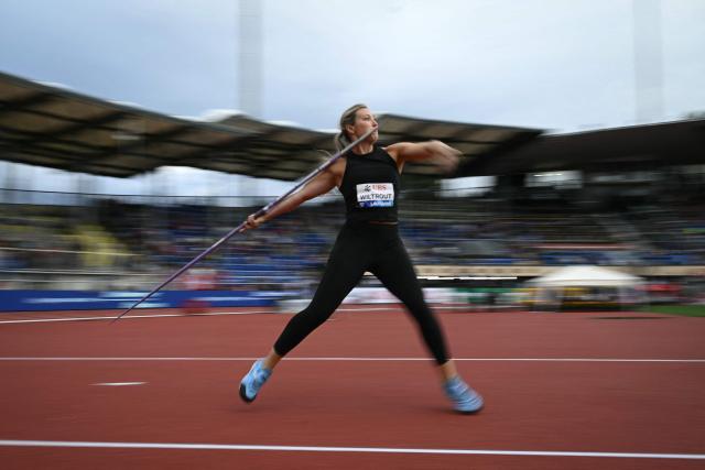 US's Madison Wiltrout competes in the women's Javelin Throw during the World Athletics Diamond League athletics meeting at the Stade Olympique de la Pontaise in Lausanne, on August 21, 2026. (Photo by Fabrice COFFRINI / AFP)