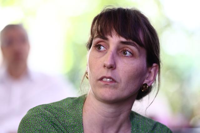 Margot Belair, in charge of the presidential campaign for the National secretary of the French left-wing party The Ecologistes looks on during the party's "universitй d'йtй" annual summer meeting in Saint-Martin-d’Heres, eastern France, on August 21, 2026. (Photo by Alex MARTIN / AFP)