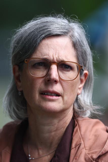 French green Party Les Ecologistes MP Sandrine Rousseau looks on during the party's "universitй d'йtй" annual summer meeting in Saint-Martin-d’Heres, eastern France, on August 21, 2026. (Photo by Alex MARTIN / AFP)