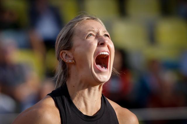 US's Madison Wiltrout reacts as she competes in the women's Javelin Throw during the World Athletics Diamond League athletics meeting at the Stade Olympique de la Pontaise in Lausanne, on August 21, 2026. (Photo by Stefan Wermuth / AFP)