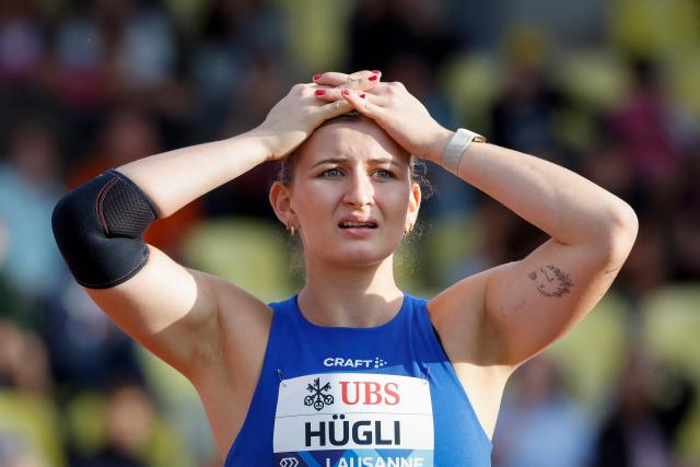 Switzerland's Leonie Hugli reacts as she competes in the women's Javelin Throw during the World Athletics Diamond League athletics meeting at the Stade Olympique de la Pontaise in Lausanne, on August 21, 2026. (Photo by Stefan Wermuth / AFP)