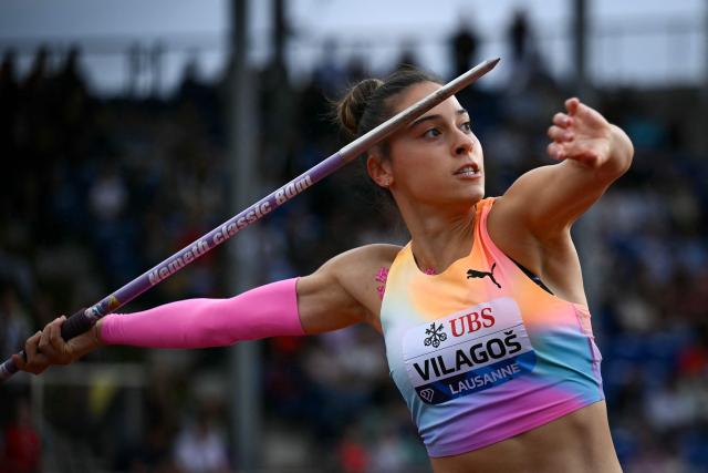 Serbia's Adriana Vilagos competes in the women's Javelin Throw during the World Athletics Diamond League athletics meeting at the Stade Olympique de la Pontaise in Lausanne, on August 21, 2026. (Photo by Fabrice COFFRINI / AFP)