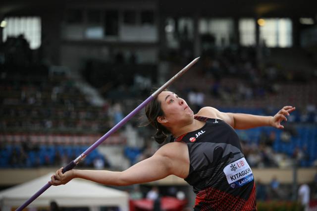 Japan's Haruka Kitaguchi competes in the women's Javelin Throw during the World Athletics Diamond League athletics meeting at the Stade Olympique de la Pontaise in Lausanne, on August 21, 2026. (Photo by Fabrice COFFRINI / AFP)