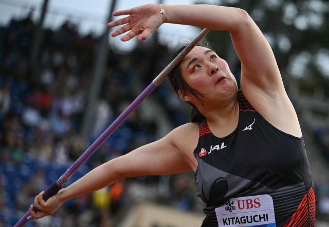 Japan's Haruka Kitaguchi competes in the women's Javelin Throw during the World Athletics Diamond League athletics meeting at the Stade Olympique de la Pontaise in Lausanne, on August 21, 2026. (Photo by Fabrice COFFRINI / AFP)