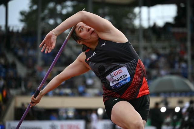 Japan's Haruka Kitaguchi competes in the women's Javelin Throw during the World Athletics Diamond League athletics meeting at the Stade Olympique de la Pontaise in Lausanne, on August 21, 2026. (Photo by Fabrice COFFRINI / AFP)