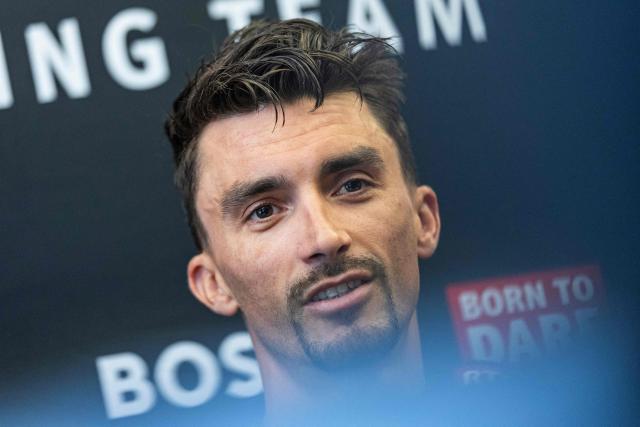 (FILES) Tudor Pro Cycling Team's French rider Julian Alaphilippe looks on during a press conference ahead of the 2025 Tour de France cycling race, in Noyelles-Godault, near Lens, northern France on July 3, 2025. French rider Julian Alaphilippe, double world champion and winner of Milan–San Remo, officially announced “the end of his sporting career” on August 21, 2026, on his social networks, a statement relayed by his Tudor team. (Photo by Sameer Al-DOUMY / AFP)