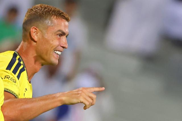 Nassr's Portuguese forward #07 Cristiano Ronaldo celebrates after scoring his team's fourth goal during the Saudi Pro League football match between Al-Nassr and Al-Riyadh at the Prince Turki bin Abdul Aziz Stadium in Riyadh on August 21, 2026. (Photo by Fayez NURELDINE / AFP)