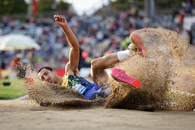 Brazil's Almir Dos Santos competes in the men's Triple Jump during the World Athletics Diamond League athletics meeting at the Stade Olympique de la Pontaise in Lausanne, on August 21, 2026. (Photo by Stefan Wermuth / AFP)