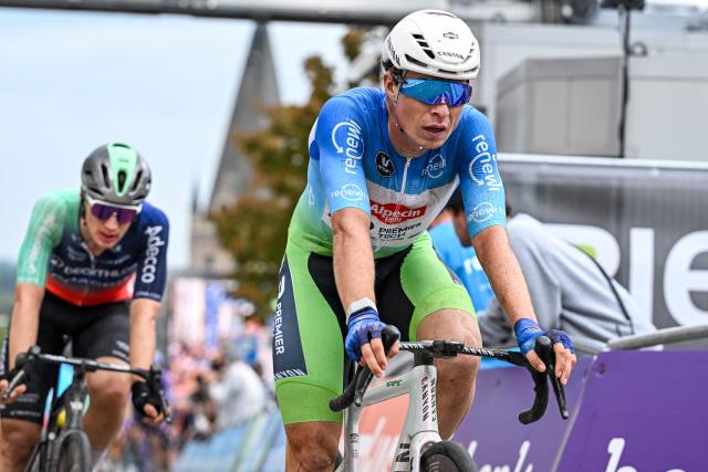 Alpecin-Premier Tech Belgian rider Jasper Philipsen (R) crosses the finish line at stage three of the 'Renewi Tour' multi-stage cycling race, from Celles to Geraardsbergen (182 km) on  August 21, 2026. (Photo by DAVID PINTENS / Belga / AFP) / Belgium OUT