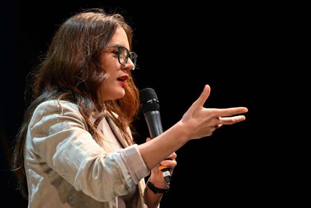 Camila Vallejo, geographer and former Secretary General of the Government of Chile, speaks during the ‘This is America’ event held as part of the III Panamerican Congress at the Solis Theatre in Montevideo on August 21, 2026. (Photo by Santiago Mazzarovich / AFP)