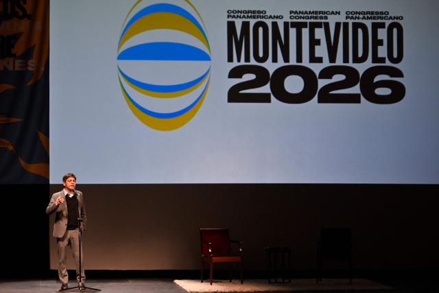 Axel Kicillof, governor of the Province of Buenos Aires speaks during the ‘This is America’ event held as part of the III Panamerican Congress at the Solis Theatre in Montevideo on August 21, 2026. (Photo by Santiago Mazzarovich / AFP)