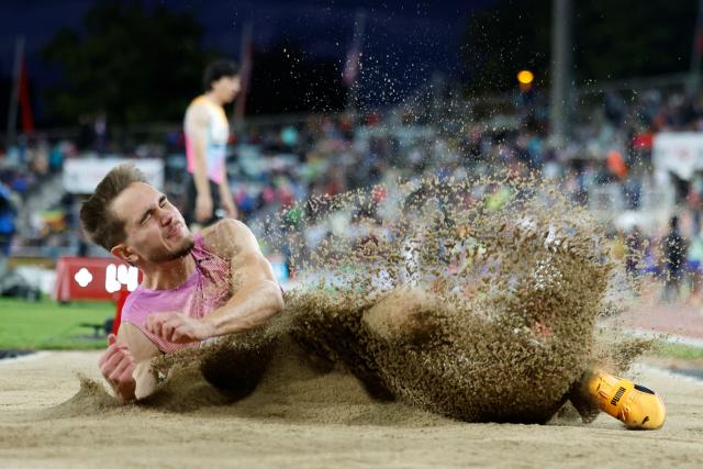 Serbia's Luka Boskovic competes in the men's Long Jump during the World Athletics Diamond League athletics meeting at the Stade Olympique de la Pontaise in Lausanne, on August 21, 2026. (Photo by Stefan Wermuth / AFP)