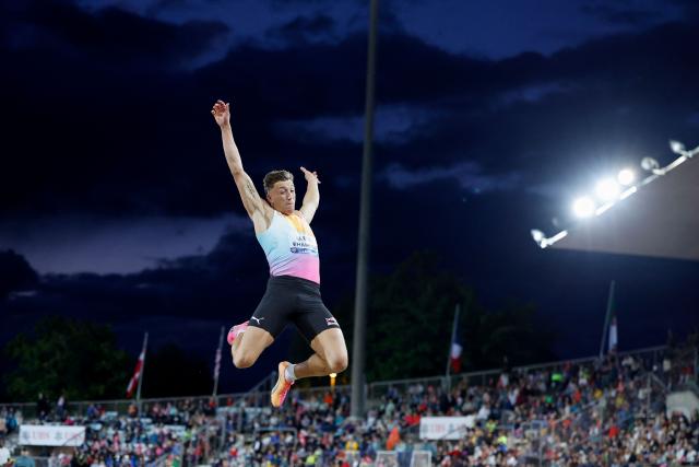 Switzerland's Simon Ehammer competes in the men's Long Jump during the World Athletics Diamond League athletics meeting at the Stade Olympique de la Pontaise in Lausanne, on August 21, 2026. (Photo by Stefan Wermuth / AFP)