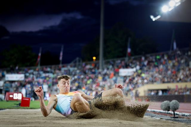 Switzerland's Simon Ehammer competes in the men's Long Jump during the World Athletics Diamond League athletics meeting at the Stade Olympique de la Pontaise in Lausanne, on August 21, 2026. (Photo by Stefan Wermuth / AFP)