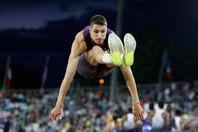 Bulgaria's Bozhidar Saraboyukov competes in the men's Long Jump during the World Athletics Diamond League athletics meeting at the Stade Olympique de la Pontaise in Lausanne, on August 21, 2026. (Photo by Stefan Wermuth / AFP)