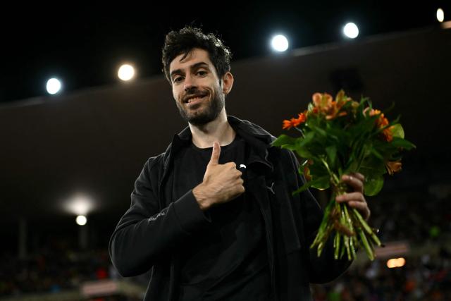 Greece's Miltiadis Tentoglou celebrates after winning the men's Long Jump during the World Athletics Diamond League athletics meeting at the Stade Olympique de la Pontaise in Lausanne, on August 21, 2026. (Photo by Fabrice COFFRINI / AFP)