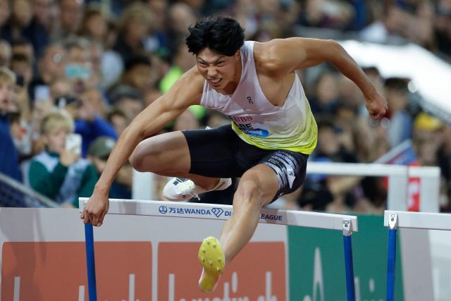Japan's Tatsuki Abe competes in the men's 110m Hurdles final during the World Athletics Diamond League athletics meeting at the Stade Olympique de la Pontaise in Lausanne, on August 21, 2026. (Photo by Stefan Wermuth / AFP)