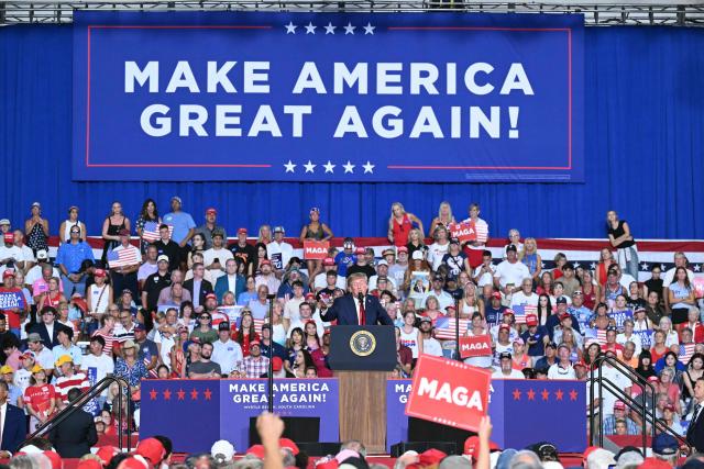 US President Donald Trump speaks during a campaign rally for US Senator Darline Graham at Myrtle Beach Convention Center in Myrtle Beach, South Carolina on August 21, 2026. (Photo by SAUL LOEB / AFP)