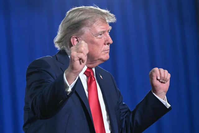 US President Donald Trump dances after speaking at a campaign rally for US Senator Darline Graham at Myrtle Beach Convention Center in Myrtle Beach, South Carolina on August 21, 2026. (Photo by SAUL LOEB / AFP)