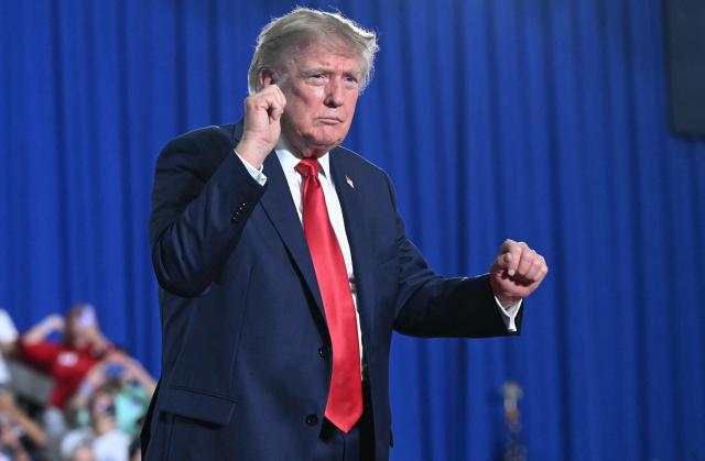 US President Donald Trump dances after speaking at a campaign rally for US Senator Darline Graham at Myrtle Beach Convention Center in Myrtle Beach, South Carolina on August 21, 2026. (Photo by SAUL LOEB / AFP)
