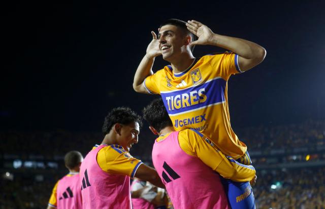 Tigres' Argentine midfielder #11 Juan Brunetta celebrates after scoring his team's second goal during the Liga MX Apertura football match between Tigres and Atlante at the Universitario stadium in San Nicolas de los Garza, Nuevo Leon, Mexico on August 21, 2026. (Photo by Julio Cesar AGUILAR / AFP)