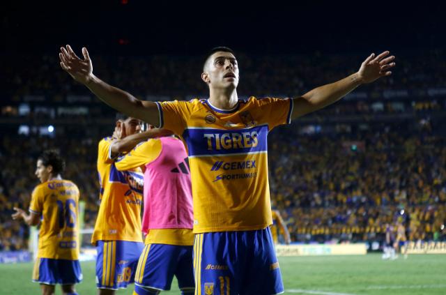 Tigres' Argentine midfielder #11 Juan Brunetta celebrates after scoring his team's second goal during the Liga MX Apertura football match between Tigres and Atlante at the Universitario stadium in San Nicolas de los Garza, Nuevo Leon, Mexico on August 21, 2026. (Photo by Julio Cesar AGUILAR / AFP)