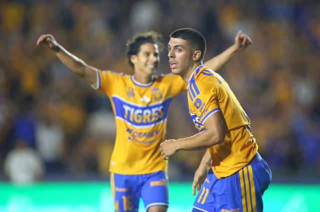 Tigres' Argentine midfielder #11 Juan Brunetta celebrates after scoring his team's second goal during the Liga MX Apertura football match between Tigres and Atlante at the Universitario stadium in San Nicolas de los Garza, Nuevo Leon, Mexico on August 21, 2026. (Photo by Julio Cesar AGUILAR / AFP)
