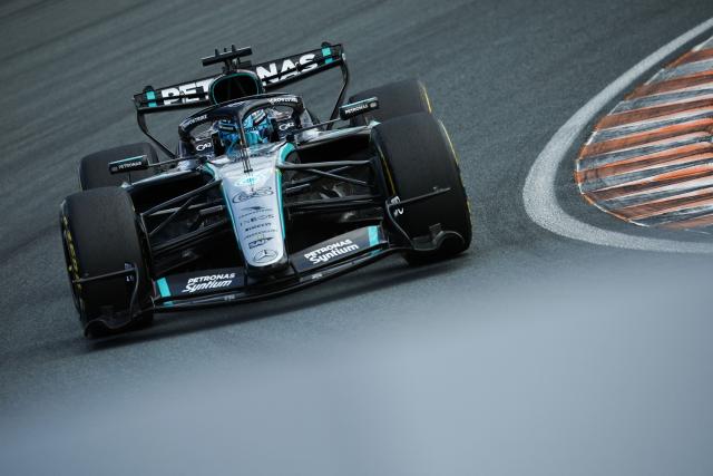 Mercedes' British driver George Russell drives during the sprint race ahead of the Formula One Dutch Grand Prix at The Circuit Zandvoort, western Netherlands, on August 22, 2026. (Photo by SIMON WOHLFAHRT / AFP)