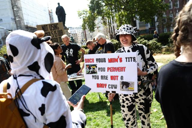 Protesters gather in Hanover Square with placards to take part in a National Animal Rights March in central London on August 22, 2026 (Photo by Toby Shepheard / AFP)