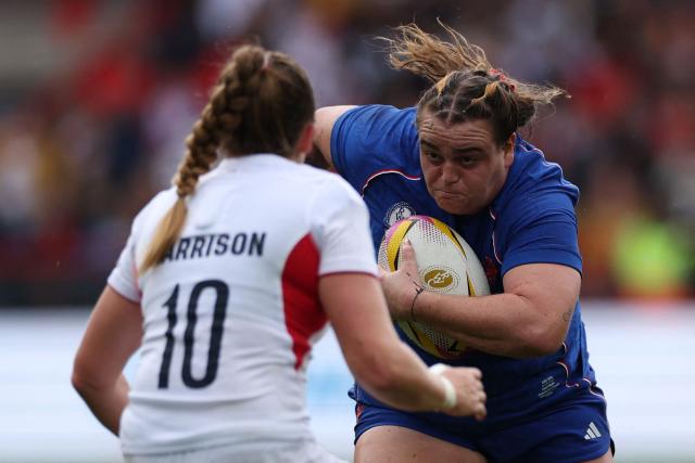 (FILES) France's prop Rose Bernadou makes a break during the Women’s Rugby World Cup semi-final between France and England at Ashton Gate Stadium, Bristol, southwest England, on September 20, 2025. Improving conquest, connections and positions in the scrum, passing on knowledge, creating links... In the Landes, France women's rugby union head coach Francois Ratier gathered front and second rows down to under-18 level for three days for innovative specific work (Photo by Adrian Dennis / AFP)