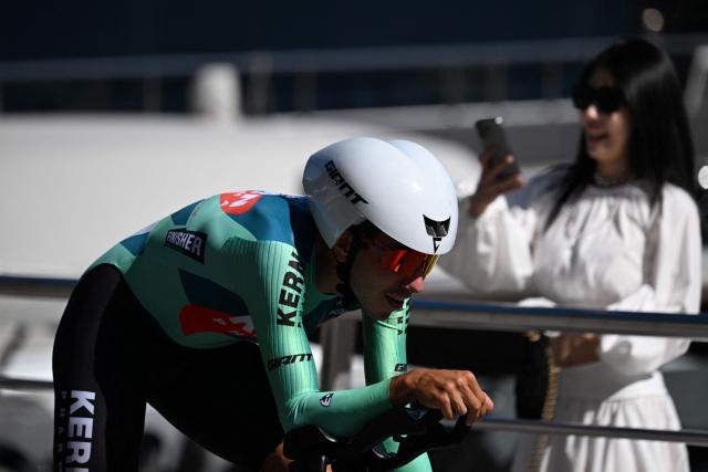 Team Kern Pharma's Spanish rider Diego Uriarte competes during the first stage of the Vuelta a Espana 2026, a 9,4 km time-trial between Monaco and Monaco on August 22, 2026. (Photo by Miguel MEDINA / AFP)