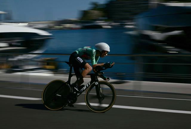 Team Kern Pharma's Luxembourgers rider Mats Wenzel competes during the first stage of the Vuelta a Espana 2026, a 9,4 km time-trial between Monaco and Monaco on August 22, 2026. (Photo by Miguel MEDINA / AFP)
