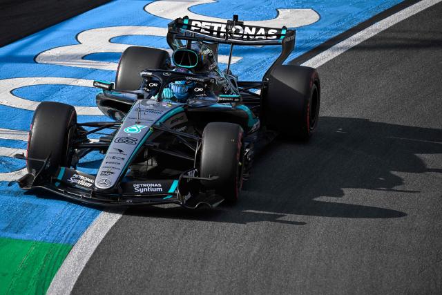 Mercedes' British driver George Russell drives during the qualifying race of the Formula One Dutch Grand Prix at The Circuit Zandvoort, western Netherlands, on August 22, 2026. (Photo by JOHN THYS / AFP)