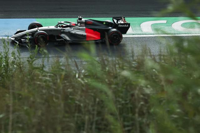 Audi's German driver Nico Hulkenberg drives during the qualifying race of the Formula One Dutch Grand Prix at The Circuit Zandvoort, western Netherlands, on August 22, 2026. (Photo by SIMON WOHLFAHRT / AFP)