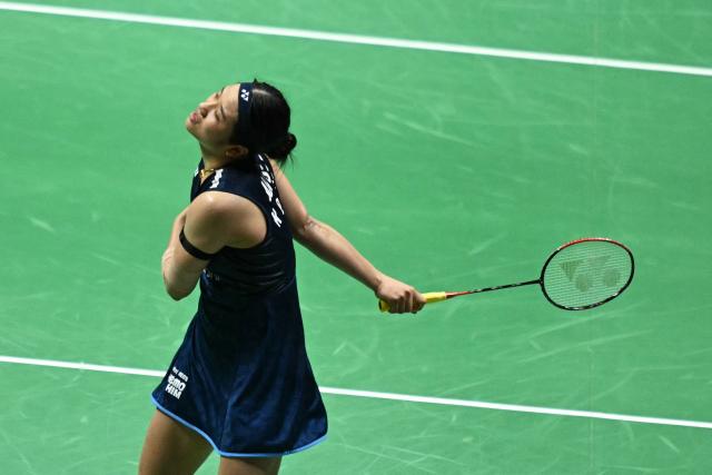 South Korea’s An Se-young reacts after losing a point against China's Wang Zhi Yi during the BWF World Championships women's singles semi-final badminton match at the Indira Gandhi Indoor Stadium in New Delhi on August 22, 2026. (Photo by Arun SANKAR / AFP)