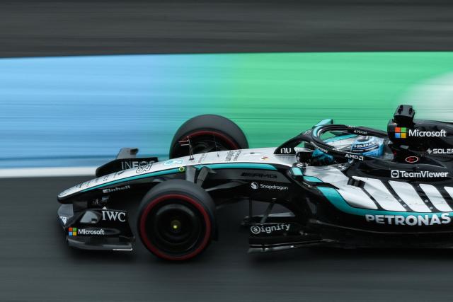 Mercedes' British driver George Russell drives during the qualifying race of the Formula One Dutch Grand Prix at The Circuit Zandvoort, western Netherlands, on August 22, 2026. (Photo by SIMON WOHLFAHRT / AFP)