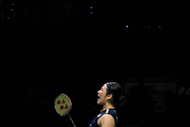 South Korea’s An Se-young celebrates her victory against China's Wang Zhi Yi during the BWF World Championships women's singles semi-final badminton match at the Indira Gandhi Indoor Stadium in New Delhi on August 22, 2026. (Photo by Arun SANKAR / AFP)