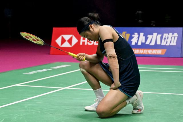 South Korea’s An Se-young reacts during her BWF World Championships women's singles semi-final badminton match against China's Wang Zhi Yi at the Indira Gandhi Indoor Stadium in New Delhi on August 22, 2026. (Photo by Arun SANKAR / AFP)