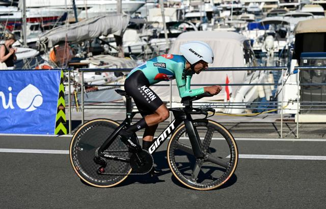 Team Kern Pharma's Colombian rider Ivan Ramiro Sosa competes during the first stage of the Vuelta a Espana 2026, a 9,4 km time-trial between Monaco and Monaco on August 22, 2026. (Photo by Miguel MEDINA / AFP)