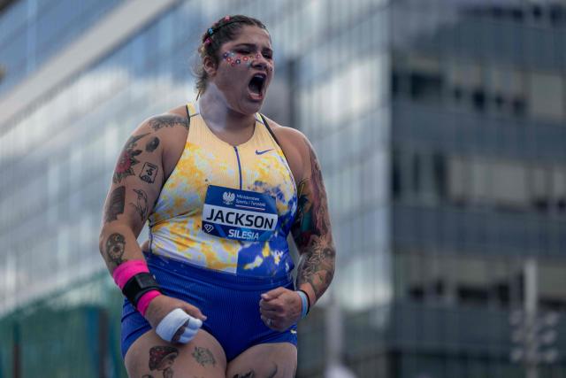 USA's Chase Jackson reacts as she competes to win the women's shot put event of the Silesia Diamond League athletics meeting in Katowice, Poland, on August 22, 2026. (Photo by Wojtek RADWANSKI / AFP)