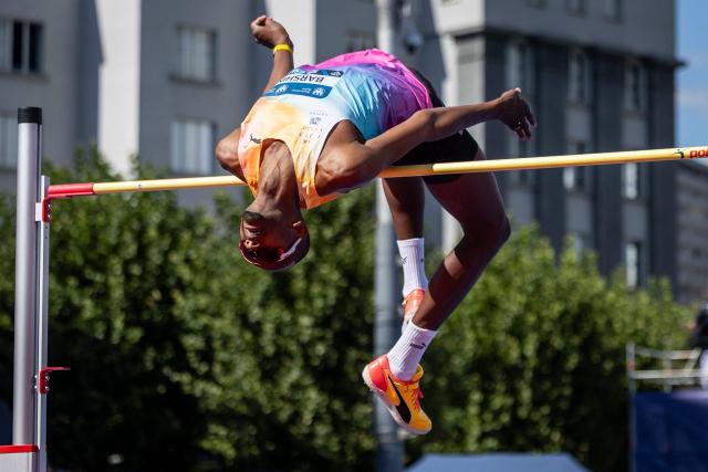 Qatar's Mutaz Essa Barshim competes in the men's high jump event of the Silesia Diamond League athletics meeting in Katowice, Poland, on August 22, 2026. (Photo by Wojtek RADWANSKI / AFP)