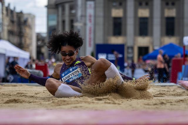 Britain's Jazmin Sawyers competes in the women's long jump event of the Silesia Diamond League athletics meeting in Katowice, Poland, on August 22, 2026. (Photo by Wojtek RADWANSKI / AFP)