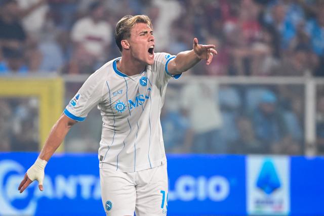 Napoli's Danish forward #19 Rasmus Hojlund reacts during the Italian Serie A football match between Genoa CFC and SSC Napoli at the Luigi-Ferraris stadium in Genoa on August 22, 2026. (Photo by Piero CRUCIATTI / AFP)
