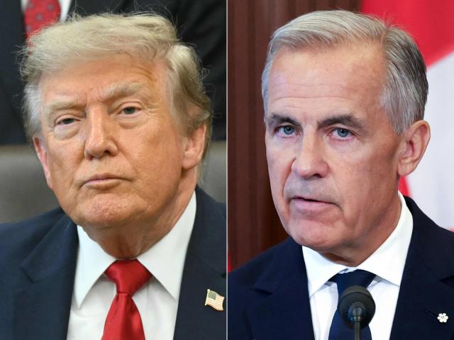 (COMBO) This combination of pictures created on August 22, 2026 shows US President Donald Trump in Washington, DC, on July 13, 2026 and Canadian Prime Minister Mark Carney on August 22, 2026. Canadian Prime Minister Mark Carney announced retaliatory tariffs on the United States on August 22, after walking away from a "bad deal" on trade in a deepening rift between the longtime allies. Negotiations between the neighboring countries broke down August 21 in Washington, putting into force new 50-percent US tariffs impacting about $20 billion worth of goods, or 5.5 percent of Canadian exports to the United States. (Photo by SAUL LOEB and Dave Chan / AFP)