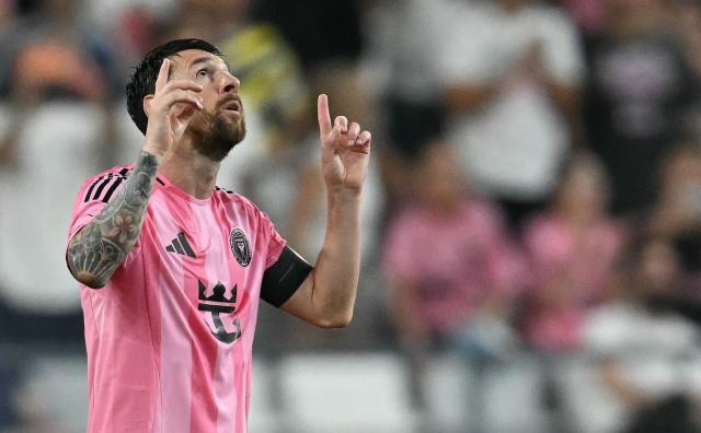 Inter Miami's Argentine forward #10 Lionel Messi celebrates scoring his team's first goal during the Major League Soccer (MLS) regular season football match between Inter Miami CF and Toronto FC at Nu Stadium in Miami, Florida, on August 22, 2026. (Photo by CHANDAN KHANNA / AFP)