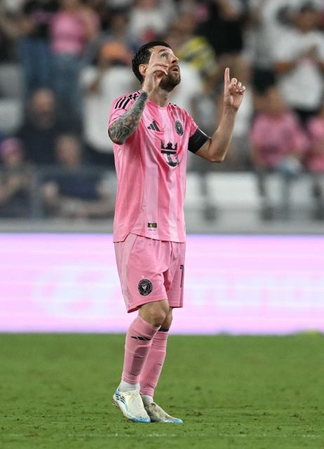Inter Miami's Argentine forward #10 Lionel Messi celebrates scoring his team's first goal during the Major League Soccer (MLS) regular season football match between Inter Miami CF and Toronto FC at Nu Stadium in Miami, Florida, on August 22, 2026. (Photo by CHANDAN KHANNA / AFP)