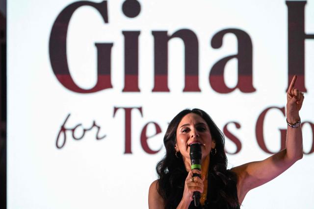 Texas Democratic gubernatorial candidate Gina Hinojosa speaks during a campaign rally as part of the "New American Dream Tour" in Beeville, Texas, on August 22, 2026. (Photo by RONALDO SCHEMIDT / AFP)