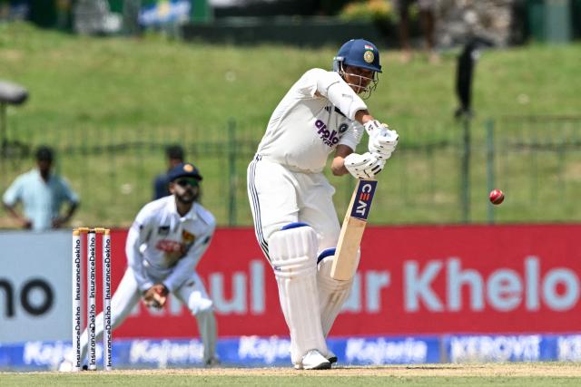 India's Yashasvi Jaiswal plays a shot during the first day of the second Test cricket match between Sri Lanka and India at the Sinhalese Sports Club Ground in Colombo on August 23, 2026. (Photo by Ishara S. KODIKARA / AFP)