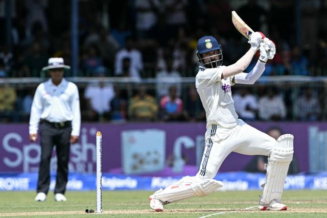 India's KL Rahul plays a shot during the first day of the second Test cricket match between Sri Lanka and India at the Sinhalese Sports Club Ground in Colombo on August 23, 2026. (Photo by Ishara S. KODIKARA / AFP)