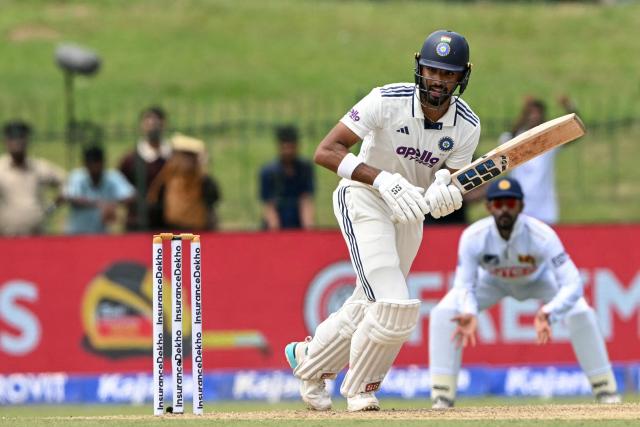 India's Devdutt Padikkal watches the ball after playing a shot during the first day of the second Test cricket match between Sri Lanka and India at the Sinhalese Sports Club Ground in Colombo on August 23, 2026. (Photo by Ishara S. KODIKARA / AFP)